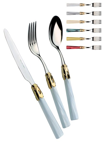 CAPRI Ghiera ORO E ACCIAIO, 6 posti tavola, Servizio posate 24 pezzi in acciaio inox 18/10 lucido spessore 2,5 mm Manico acrilico madreperlato con ghiera in ORO lucido lavabile in lavastoviglie