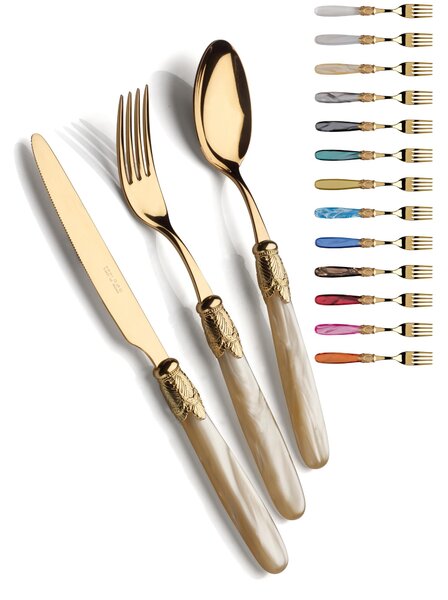 Servizio posate 24 pezzi ISCHIA Ghiera ORO Lucido e ORO in acciaio inox 18/10 lucido spessore 2,5 mm Manico in acrilico madreperlato con ghiera oro lucido