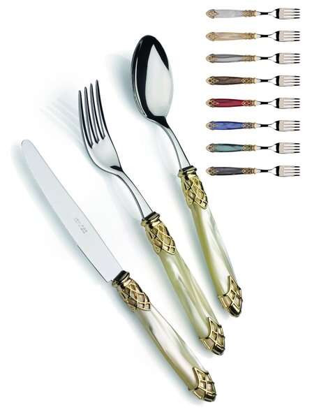 DUBAI ORO E ACCIAIO, 6 posti tavola, Servizio posate 24 pezzi in acciaio inox 18/10 lucido spessore 2,5 mm manico acrilico madreperlato con ghiera in metallo lucido lavabile in lavastoviglie