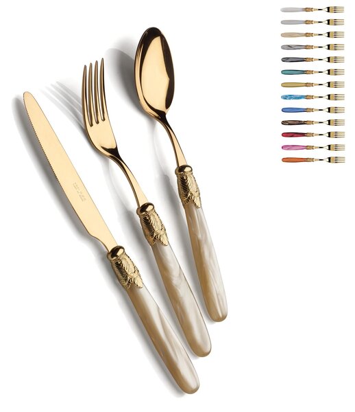 Posto tavola, Servizio posate 4 pezzi ISCHIA Ghiera ORO Lucido e oro in acciaio inox 18/10 lucido spessore 2,5 mm Manico in acrilico madreperlato con ghiera in metallo effetto ORO Lucido