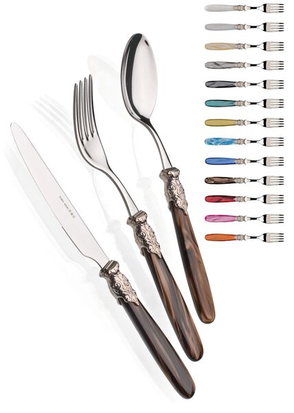 PARIS LUCIDO, 6 posti tavola, Servizio posate 24 pezzi in acciaio inox 18/10 lucido spessore 2,5 mm Manico in acrilico madreperlato con ghiera dorata lavabile in lavastoviglie