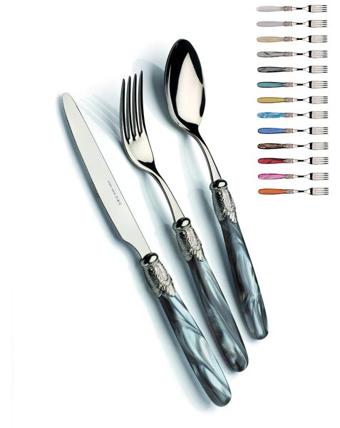 Servizio posate 4 pezzi ISCHIA Ghiera Inox Lucido e Acciaio in acciaio inox 18/10 lucido spessore 2,5 mm Manico in acrilico madreperlato con ghiera in metallo effetto inox lucido