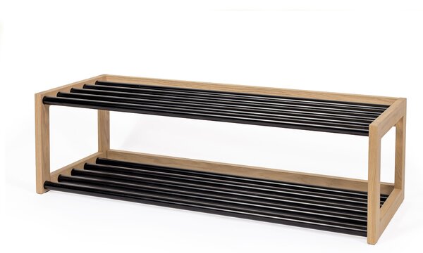 Scarpiera per corridoio slussen in legno massello, acciaio, dimensioni 100 x 38 x h30 cm, peso 14,5 Kg, finitura rovere, nero