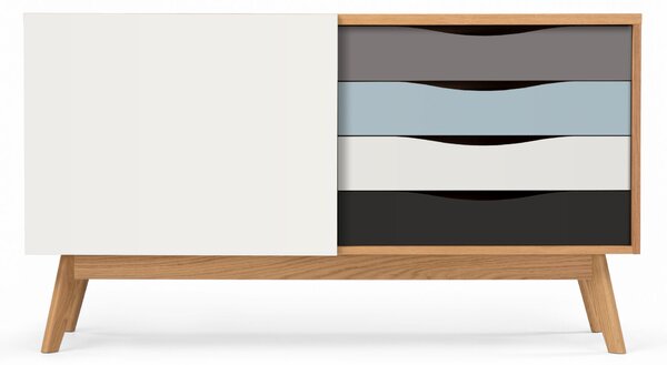 Credenza Avon stratti in legno ingegnerizzato e massiccio, dimensioni 128 x 42 x h71 cm, peso 38 Kg, finitura Strati - grigio, bianco, blu