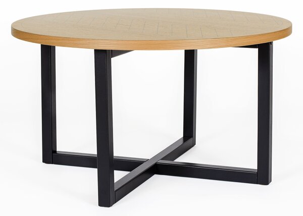 Tavolino Camden con stampa a spina di pesce rotonda in legno ingegnerizzato e massiccio, dimensioni 80 x 80 x h45 cm, peso 13 Kg, finitura rovere, nero