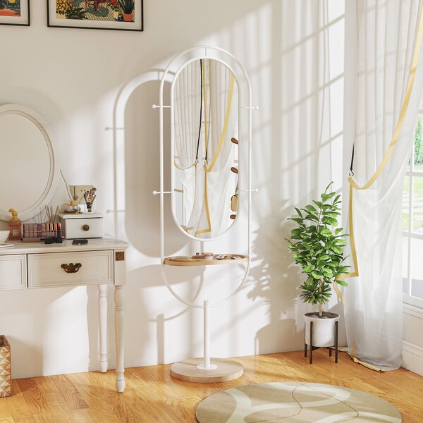 HOMCOM Specchio da Terra a Figura Intera 175,5x50 cm con Vassoio in Legno 4 Ganci e Cornice in Metallo per Soggiorno Camera Bianco | Aosom Italy