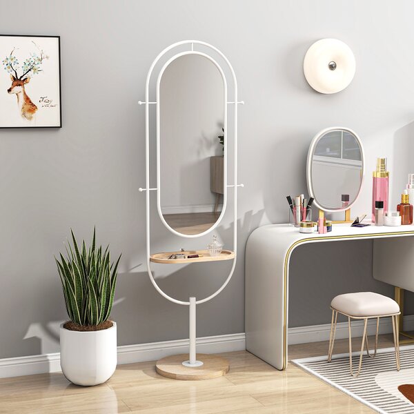 HOMCOM Specchio da Terra a Figura Intera 175,5x50 cm con Vassoio in Legno 4 Ganci e Cornice in Metallo per Soggiorno Camera Bianco | Aosom Italy