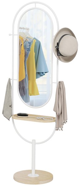 HOMCOM Specchio da Terra a Figura Intera 175,5x50 cm con Vassoio in Legno 4 Ganci e Cornice in Metallo per Soggiorno Camera Bianco | Aosom Italy