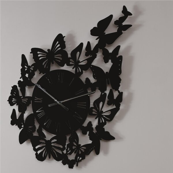 Orologio da parete Rotondo diametro 80 cm in legno VOLO DI FARFALLE tagliato al laser in legno laccato nero