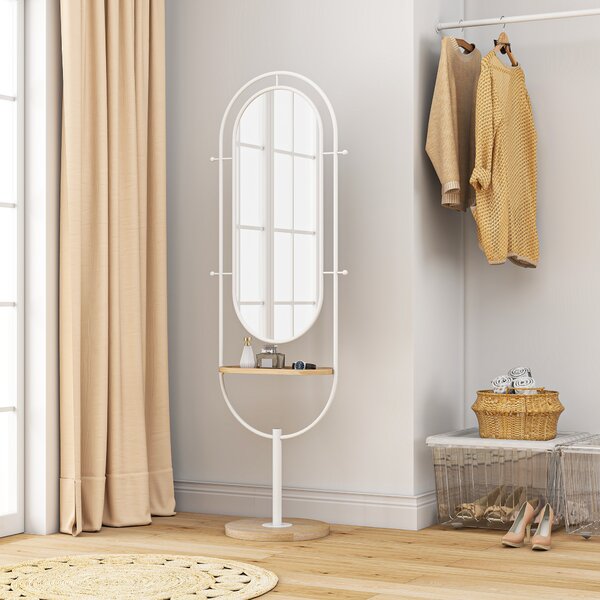 HOMCOM Specchio da Terra a Figura Intera 175,5x50 cm con Vassoio in Legno 4 Ganci e Cornice in Metallo per Soggiorno Camera Bianco | Aosom Italy