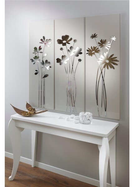 Pannello da parete, quadro da parete TRIS FIORI DEL RE 120xh120cm pannello legno colore sabbia intarsi in plexiglass specchio