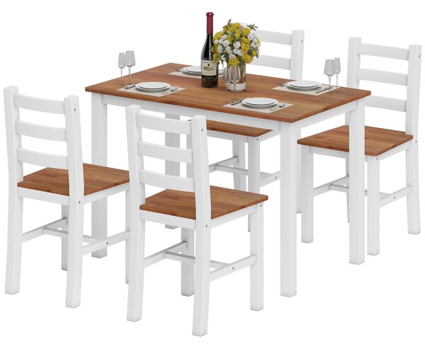 HOMCOM Set da Pranzo, Tavolo da Pranzo, 4 Sedie, Set da Soggiorno, Pino, Marrone+Bianco | Aosom Italy