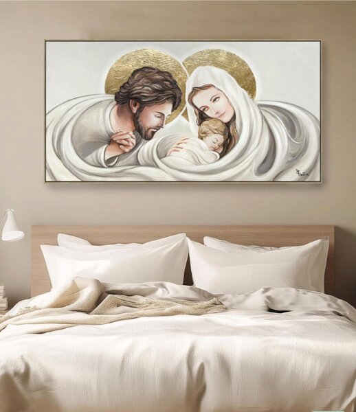 Quadro con cornice da parete Quadro con cornice SACRA FAMIGLIA 140x70x1,6 cm pannello in legno colore con colori acrilici e tempera