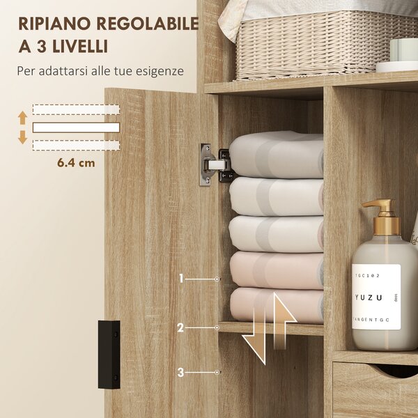 HOMCOM Mobile Bagno Salvaspazio Slim con 2 Cassetti, Ripiani e Armadietto, 50x25x100 cm, Legno Naturale | Aosom Italy