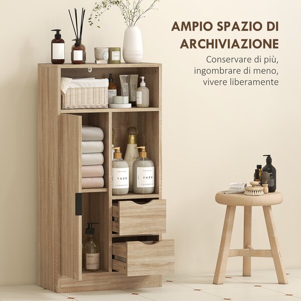HOMCOM Mobile Bagno Salvaspazio Slim con 2 Cassetti, Ripiani e Armadietto, 50x25x100 cm, Legno Naturale | Aosom Italy