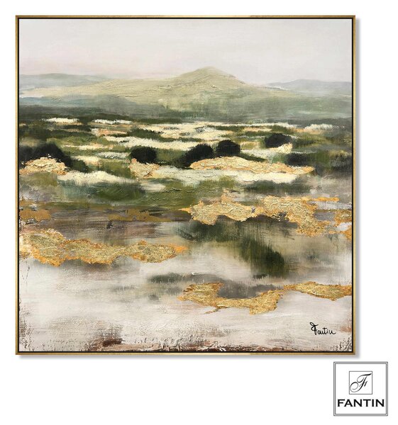 Quadro con cornice da parete Quadro con cornice volto ORIZZONTE GREEN GOLD 100x100x1,6 cm pannello in legno colore con colori acrilici e tempera