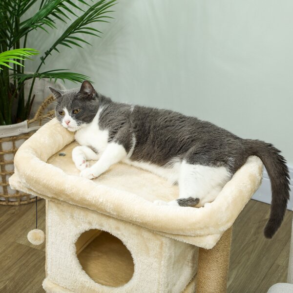 PawHut Albero per Gatti con Base per Graffi in Iuta, Piattaforma, Pallina, Casa per Gatti, Beige, 40 x 40 x 57 cm | Aosom Italy