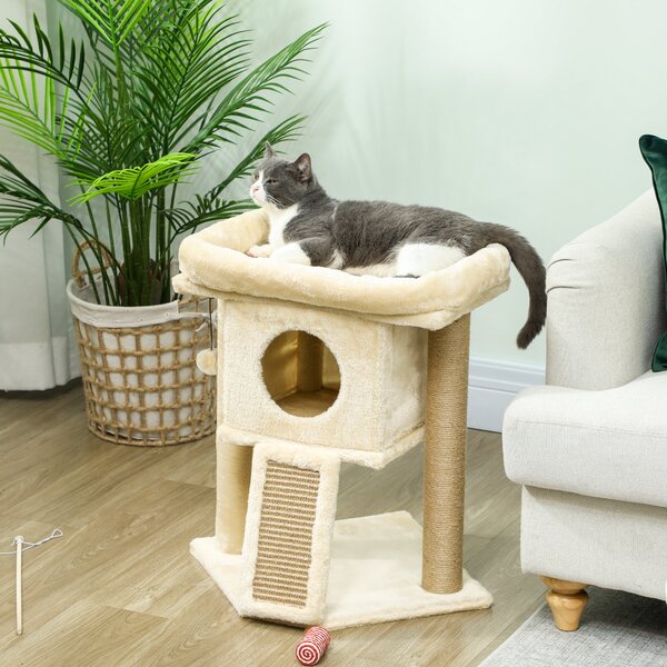 PawHut Albero per Gatti con Base per Graffi in Iuta, Piattaforma, Pallina, Casa per Gatti, Beige, 40 x 40 x 57 cm | Aosom Italy