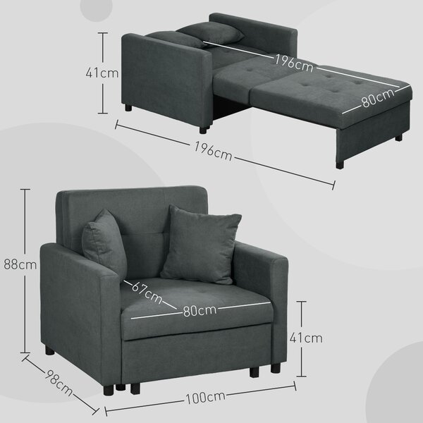 HOMCOM Poltrona Letto in Tessuto Effetto Velluto con 2 Cuscini e Spazio Contenitore, 100x98x88 cm, Grigio | Aosom Italy