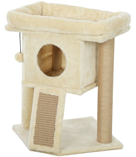 PawHut Albero per Gatti con Base per Graffi in Iuta, Piattaforma, Pallina, Casa per Gatti, Beige, 40 x 40 x 57 cm | Aosom Italy