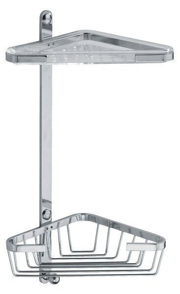 Angolare 2 piani con griglia triangolari e vaschetta in plastica fissaggio a parete in ottone cromato 22x16,5xh38 cm garantita 5 contro la corrosione