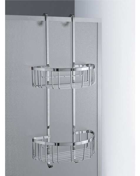 Mensola doccia semicircolare due piani - Fissaggio a Telaio Box Doccia, 28x14xh69 cm ottone cromato spessore Max. Vetro 3 cm