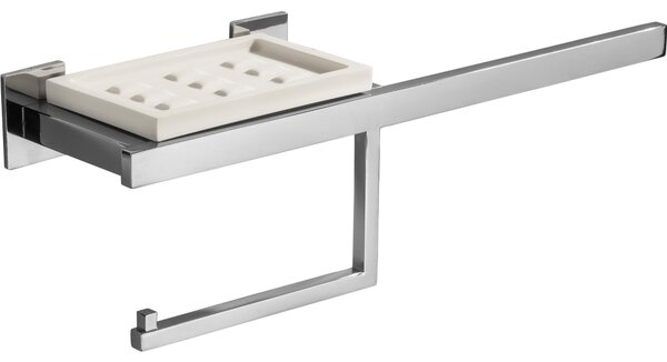 Portasapone da bidet e porta rotolo DIVA 43x11xh9,3 cm -Peso 1,2 kg supporti in ottone cromato colore inox lucido e resina bianca