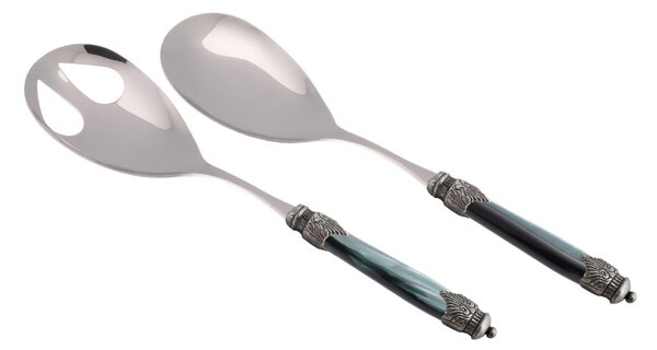 Coppia Insalata set da 2 pezzi Arianna in acciaio inox 18/10 manico in PMMA effetto madreperlato ghiera anticata 2,5 mm colore verde