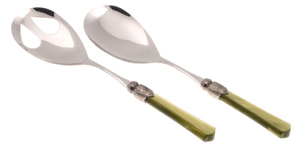 Coppia Insalata set da 2 pezzi Vittoria in acciaio inox 18/10 manico in PMMA effetto madreperlato ghiera anticata 2,5 mm colore verde oliva