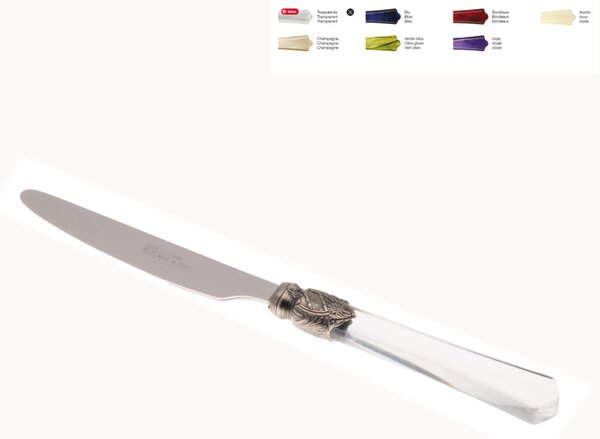 Coltello tavola VITTORIA Set di 6 Pezzi in acciaio 18.10 Lunghezza 24 cm manico in Plexiglas con ghiera Anticata lavabile in lavastoviglie trasparente