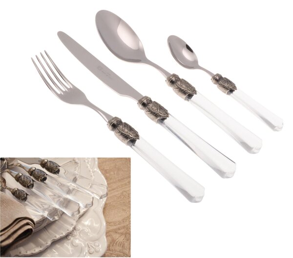 Servizio posate 24 Pezzi 6 posti tavola VITTORIA in acciaio inox 18/10 manico in plexiglas trasparente spessore Acciaio 2,5 mm in confezione regalo