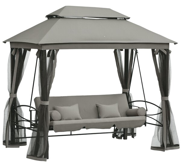 Outsunny Dondolo 3 Posti e Lettino Singolo Copertura a Gazebo con Zanzariera e Cuscini, Grigio Scuro 256x172x248cm|Aosom