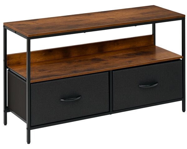HOMCOM Mobile TV Stile Industriale con Cassetti Pieghevoli in Tessuto e Mensola, Metallo e MDF, 98x29x56cm, Marrone e Nero|Aosom