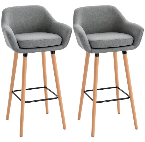 HOMCOM Set di 2 Sgabelli da Bar Moderni con Cuscino, Gambe in Legno e Rivestimento in Tessuto, 55x48x100cm Grigio|Aosom