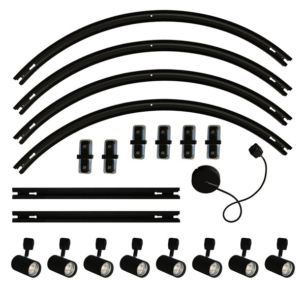 Sistema di illuminazione a binario moderno con 8 faretti neri, monofase, ovale, 200 cm - Iconic Jeana