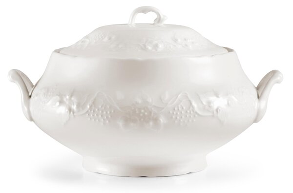 Zuppiera con coperchio in porcellana con decoro a rilievo 31x25xh19 cm Lt 3,5 Collezione Toscana lavabile in lavastoviglie porcellana Di Limoges Bianco Freddo