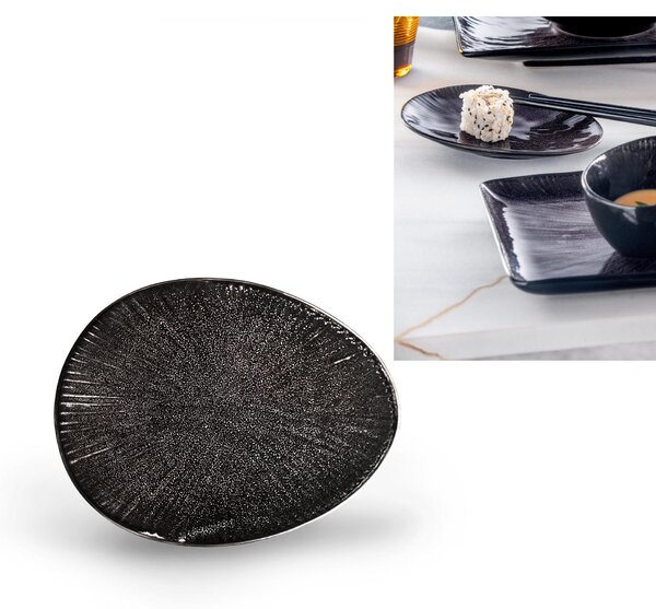 Appetizer, Piatto pane stoneware Gres SIRIUS 16x12xh2 cm Decorazione sotto smalto lavabile in lavastoviglie Nero Lucido