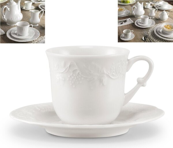 Tazze da the, Cappuccino con piattino set da 6 in porcellana con decoro a rilievo 8x8xh7 cm-200 cc Collezione Toscana lavabile in lavastoviglie porcellana Di Limoges Bianco Freddo