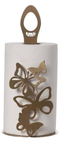 Porta rotoli In Metallo linea FARFALLOSO, presenta quattro farfalle di diverse dimensioni disposte nella parte frontale, diametro15x h33 cm, Oro laccato