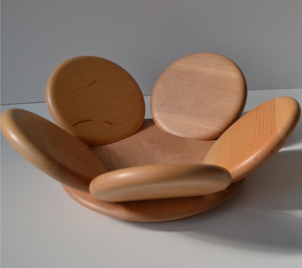 Cestino porta Pane, frutta in legno di ontano diametro 34xh12 cm petali legno naturale con base colore legno