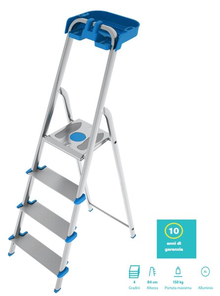Scala in alluminio 4 gradini gradini XL 12 cm,Modello Atlantica con porta oggetti 12x46xh153 cm -Peso 4.9 kg garanzia 10 anni