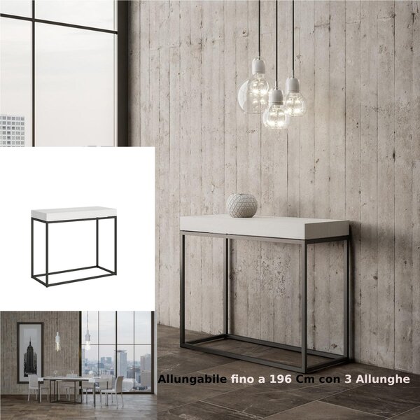Tavolo Consolle Allungabile Small Bianco NORDICA 90x40xh77 cm Fino a 196 cm con tre elementi da 52 cm, tutto in legno di Frassino Piano bianco Telaio antracite