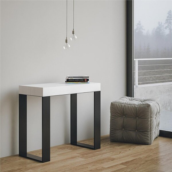 Consolle Allungabile TECNO Telaio Antracite fino a 196 cm con 3 elementi da 52 cm, tutto in legno di Frassino 90x40xh77 cm colore bianco