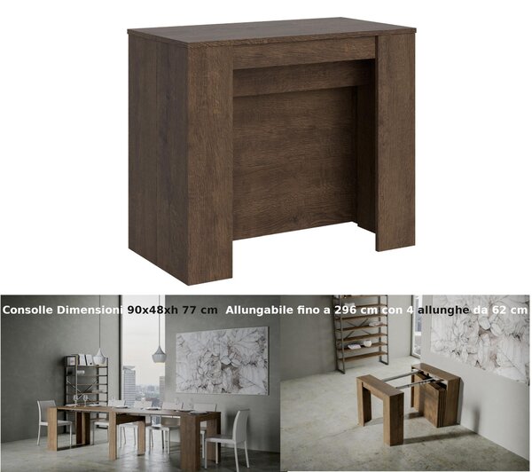 Consolle Allungabile con 4 allunghe Venus 90x48xh77 cm estensibile fino a 296 cm Allunghe all'interno tutto in legno di Frassino colore Noce