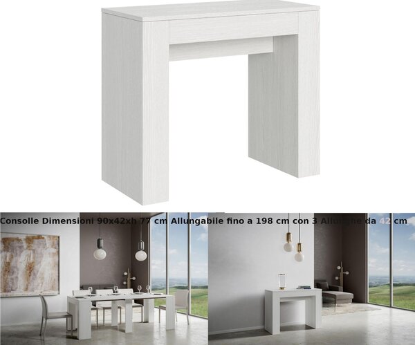 Consolle Allungabile con 3 allunghe MODEM SMALL 90x42xh77 cm estensibile fino a 198 cm Allunghe all�interno delle gambe tutto in legno di Frassino colore bianco