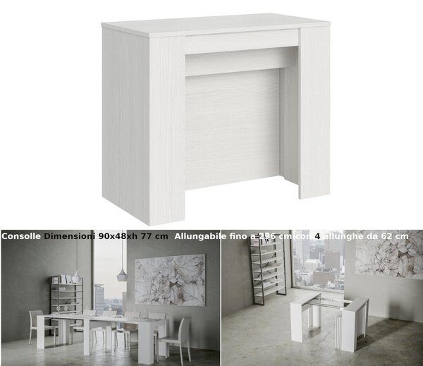 Consolle Allungabile con 4 allunghe Venus 90x48xh77 cm estensibile fino a 296 cm Allunghe all'interno tutto in legno di Frassino colore bianco frassino
