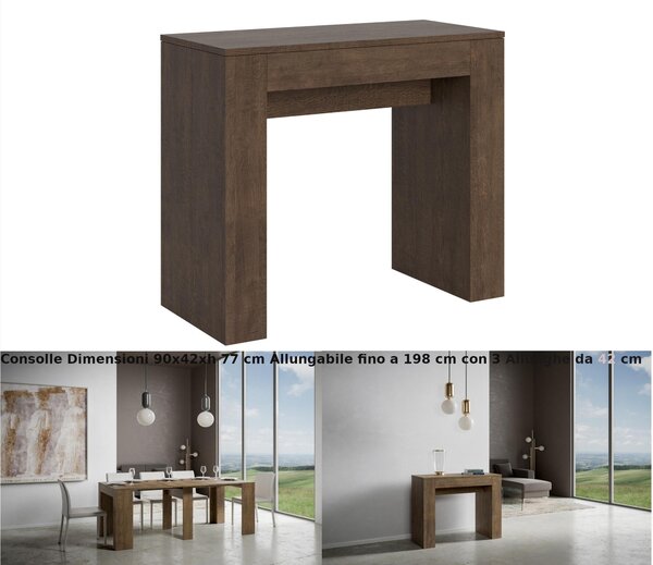 Consolle Allungabile con 3 allunghe MODEM SMALL 90x42xh77 cm estensibile fino a 198 cm Allunghe all�interno delle gambe tutto in legno di Frassino colore Noce