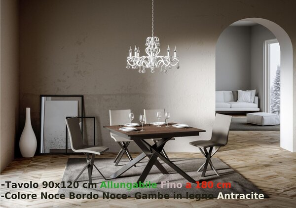 Tavolo Allungabile Piano Noce Bordo Noce in Tinta GANTY 90x120xh77 cm allungabile fino a 180 telaio antracite