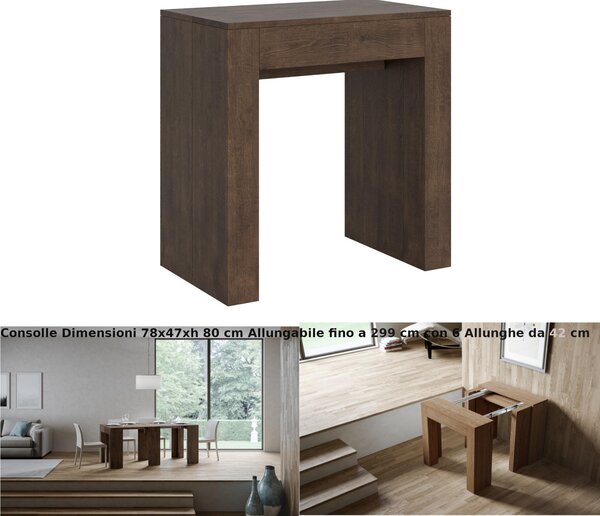 Consolle Allungabile con 6 allunghe Allin 78x47xh80 cm estensibile fino a 299 cm Allunghe all�interno delle gambe tutto in legno di Frassino colore Noce