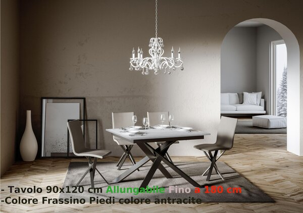 Tavolo Allungabile Piano Bianco Frassino bordo in Tinta GANTY 90x120xh77 cm allungabile fino a 180 telaio antracite
